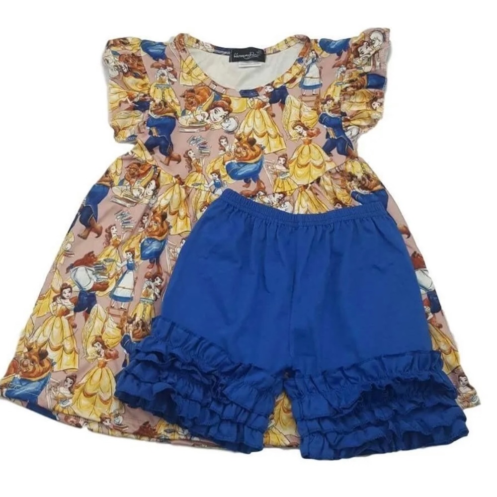 Boutique Harmony Bee 8-9 Beauty & the Beast Blue Shortie Shorts Tunic Set 4XL